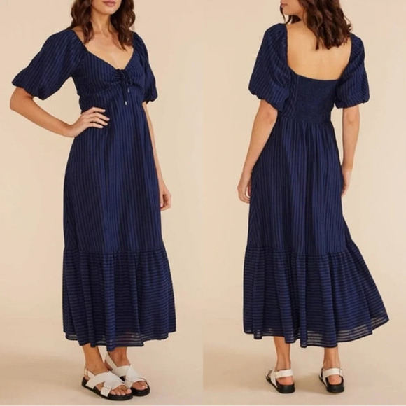 MINKPINK Dresses & Skirts - NWT MINKPINK Arielle Midi Dress Shortsleeve Striped Smocked Back Navy Black S